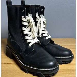 Rag & Bone Black Leather Elastic Sides White Laces Shiloh Combat Ankle Boots